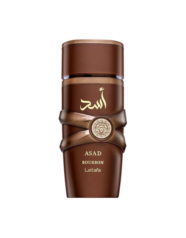 A bottle of Lattafa Asad Bourbon Eau De Parfum with a brown tinted design and Arabic text on the front.